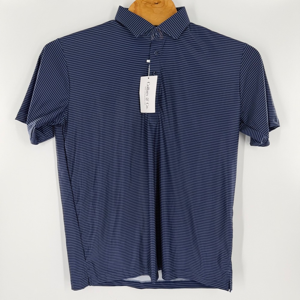Collars & Co Mens Featherweight Relaxed Dress Collar Polo Navy Stripe Large NWT